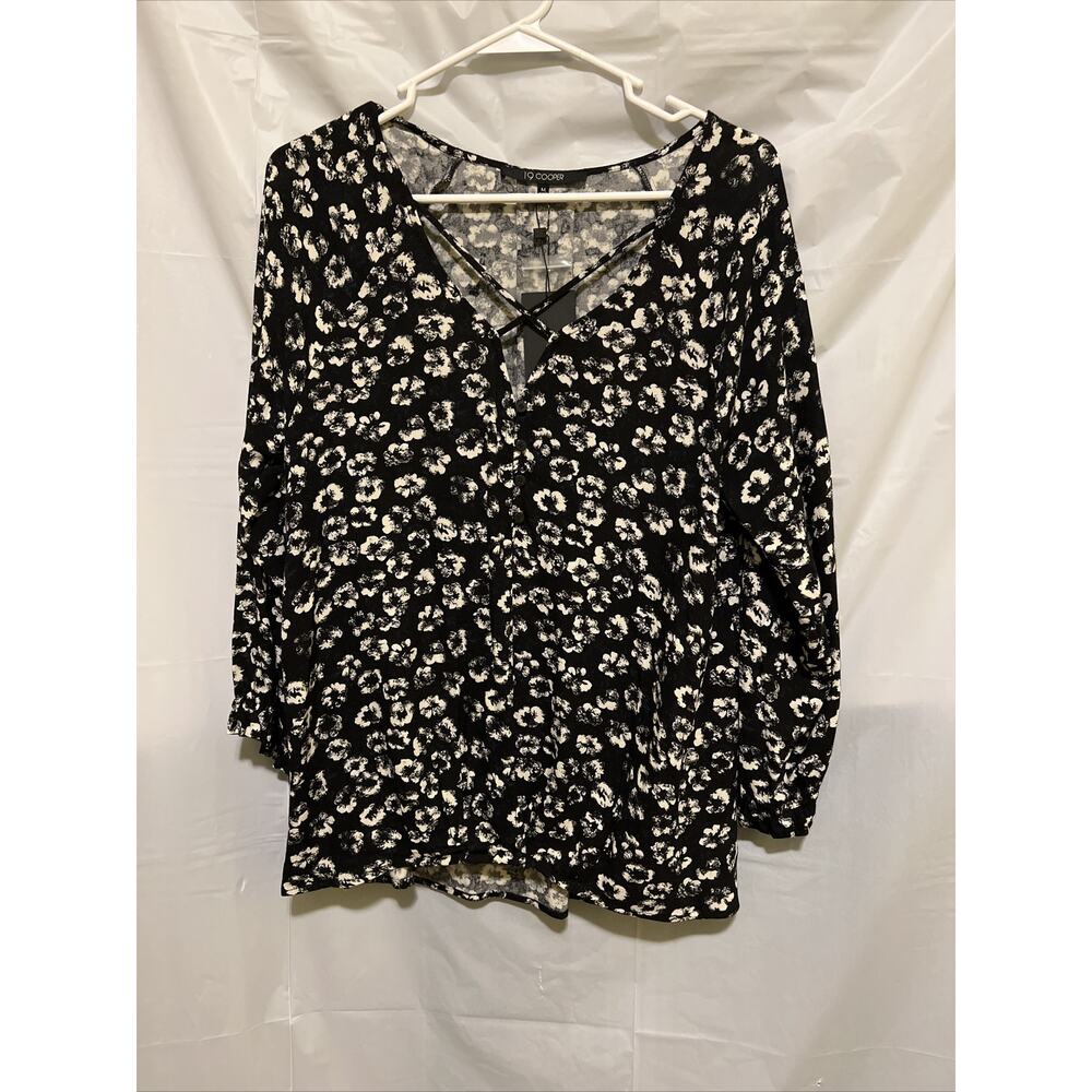 19 Cooper Women Black Floral 3/4 Elastic Cuff Sleeve Blouse Medium NWT